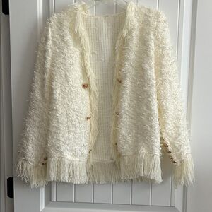 Cream Textured Cardigan with Fringe